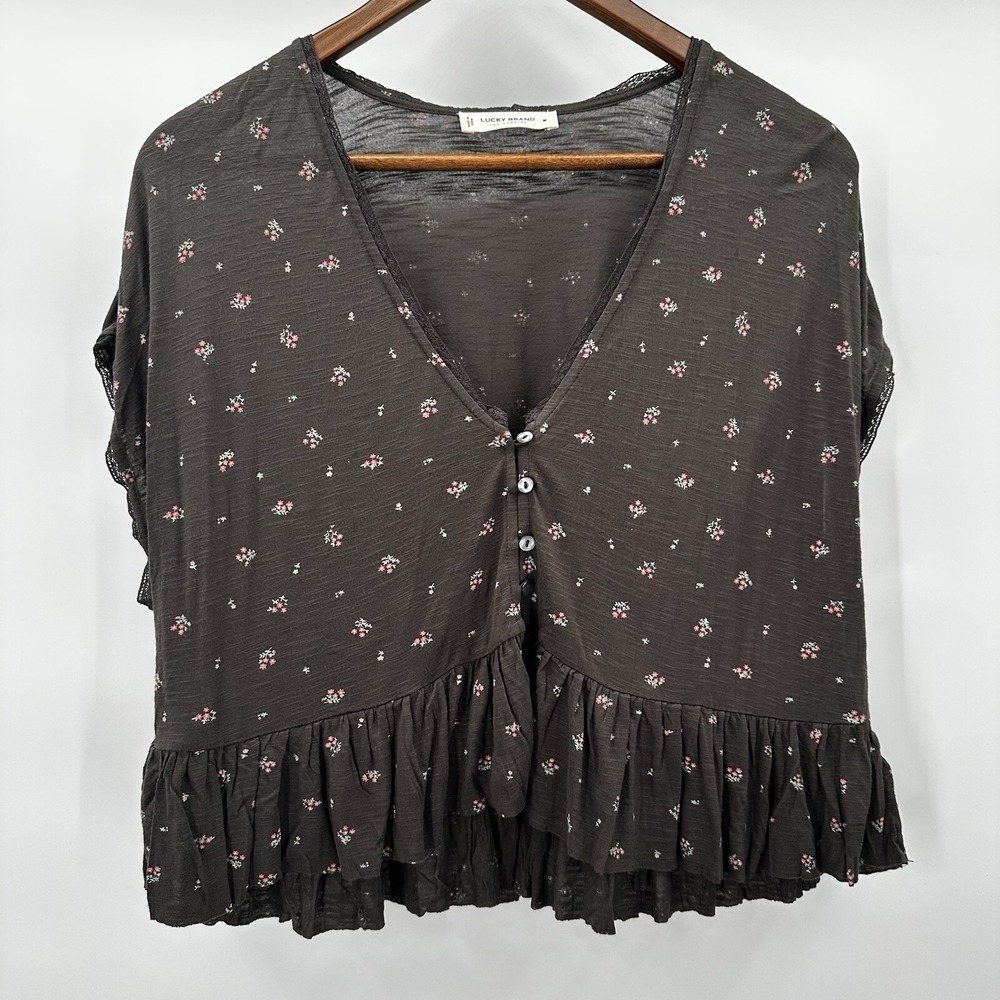 Lucky Brand Shirt Top Womens Medium Peplum Floral Cottage Rayon Lace Crop Button - Picture 2 of 11